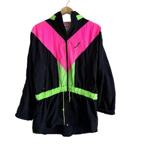 Reebok Sport Vintage 90s Nylon Zip-Up Black and Neon Windbreaker Jacket Medium